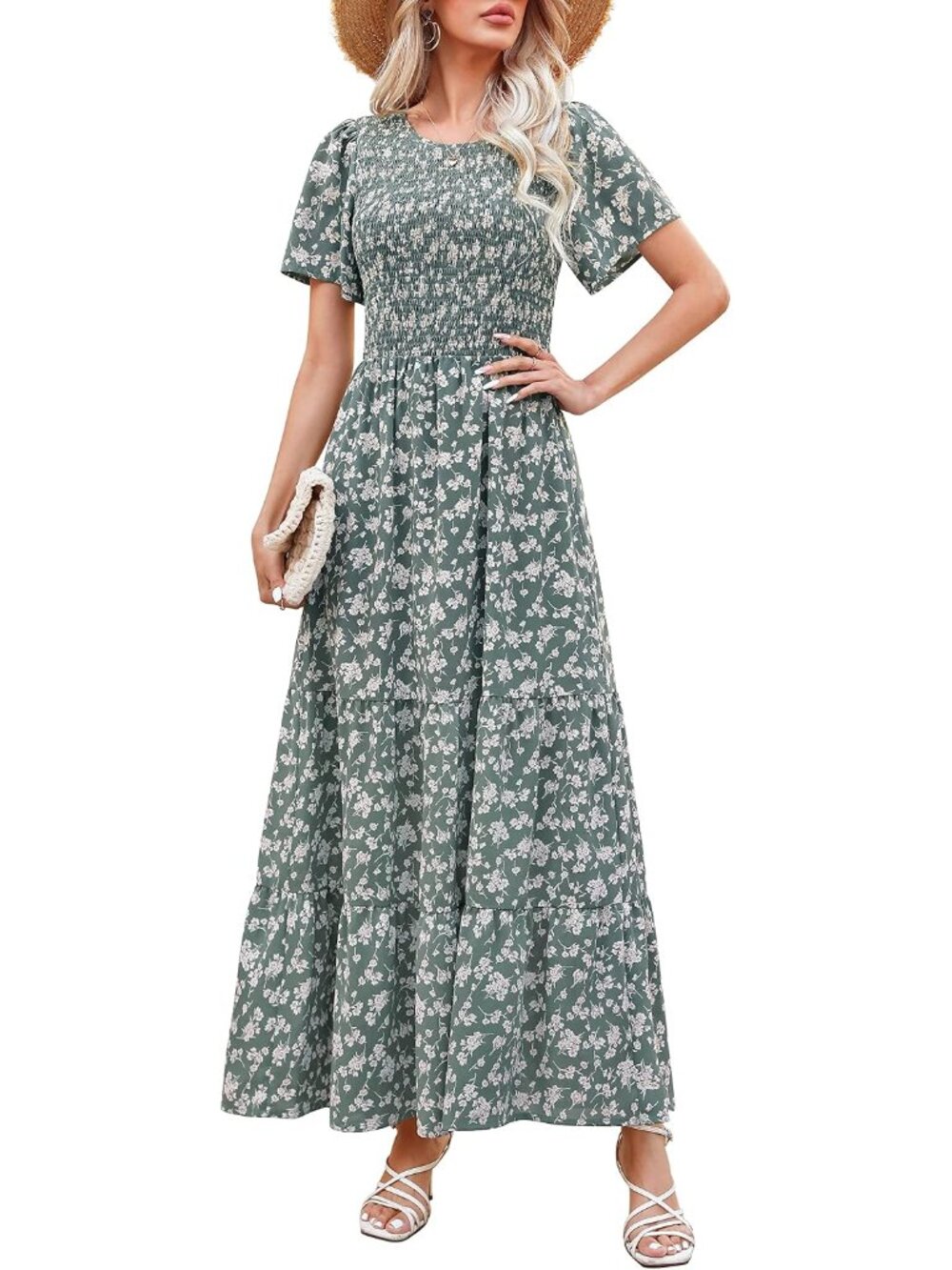Women 2025 Summer Fall Crewneck Short Sleeve Smocked Floral Maxi Dress
